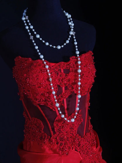 Vintage Mermaid Sweetheart Red Satin 1970s With Lace Beads Bodice Long Prom Dresses Inspo 18th Birthday Outfit Formal Gown AS298