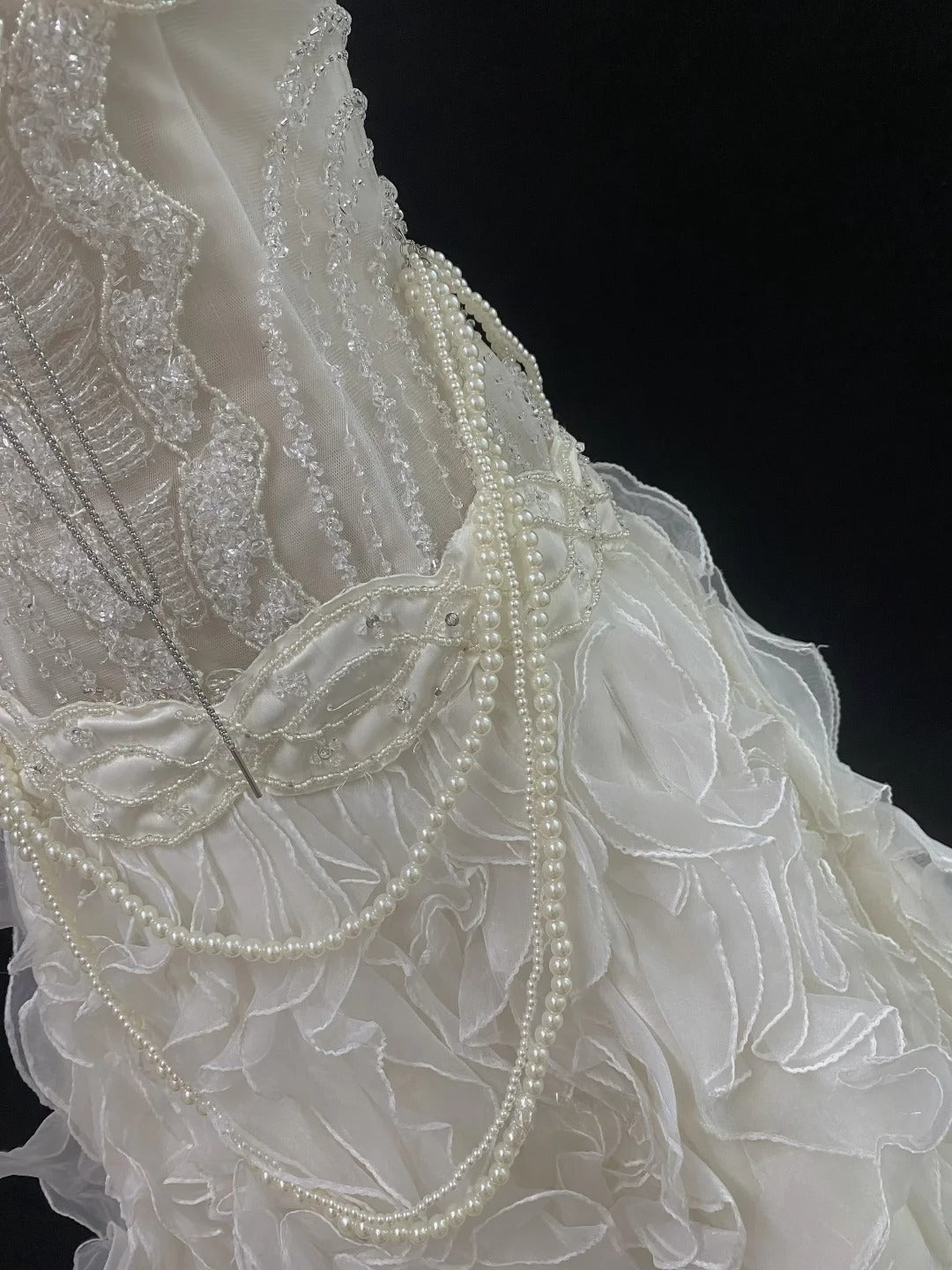 Vintage 80s Mermaid Spaghetti Straps Ivory Tulle Sweep Train With Tiered Layers Beading Brides Gown Bridal Dress Wedding Dresses RB7747