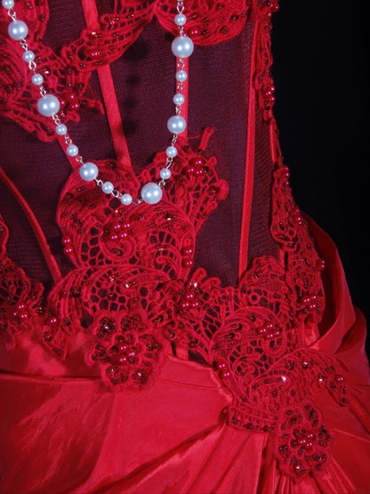 Vintage Mermaid Sweetheart Red Satin 1970s With Lace Beads Bodice Long Prom Dresses Inspo 18th Birthday Outfit Formal Gown AS298