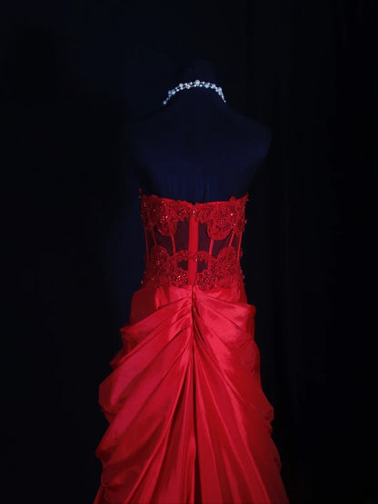Vintage Mermaid Sweetheart Red Satin 1970s With Lace Beads Bodice Long Prom Dresses Inspo 18th Birthday Outfit Formal Gown AS298