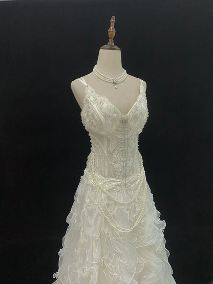 Vintage 80s Mermaid Spaghetti Straps Ivory Tulle Sweep Train With Tiered Layers Beading Brides Gown Bridal Dress Wedding Dresses RB7747
