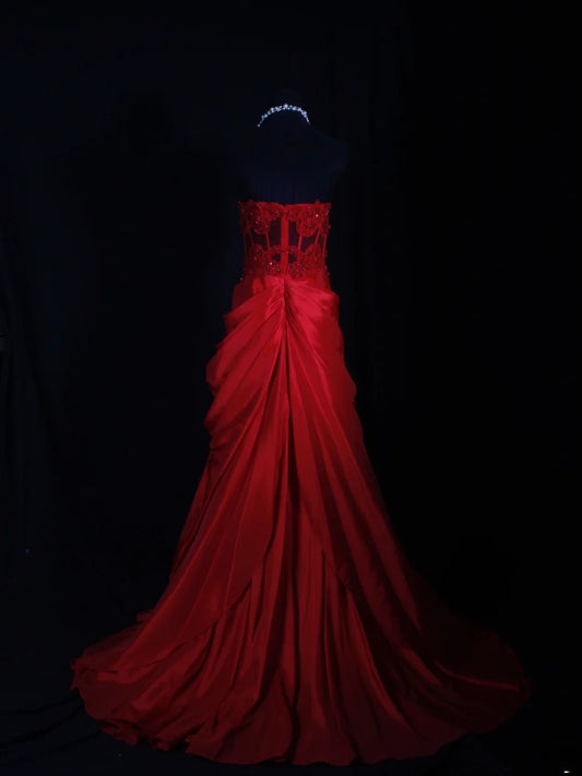 Vintage Mermaid Sweetheart Red Satin 1970s With Lace Beads Bodice Long Prom Dresses Inspo 18th Birthday Outfit Formal Gown AS298