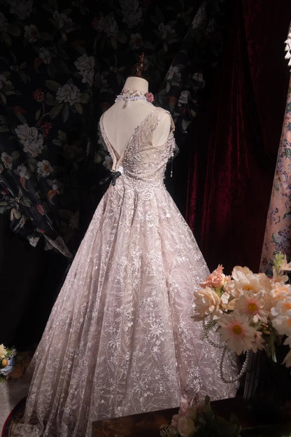 Regal Ball Gown Formal Events V Neckline Light Pink Tulle With Lace Quince Dress Long Quinceanera Dresses Birthday Outfits RB8537