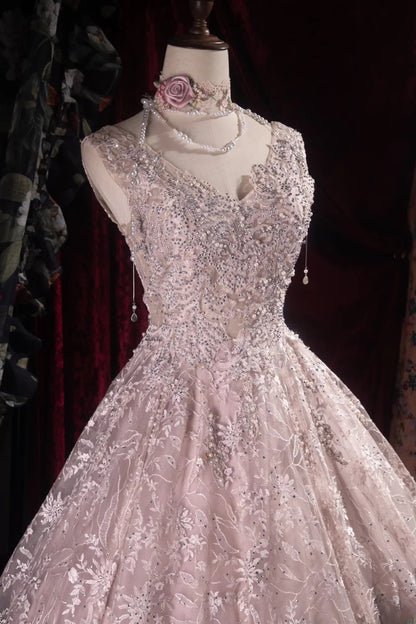 Regal Ball Gown Formal Events V Neckline Light Pink Tulle With Lace Quince Dress Long Quinceanera Dresses Birthday Outfits RB8537