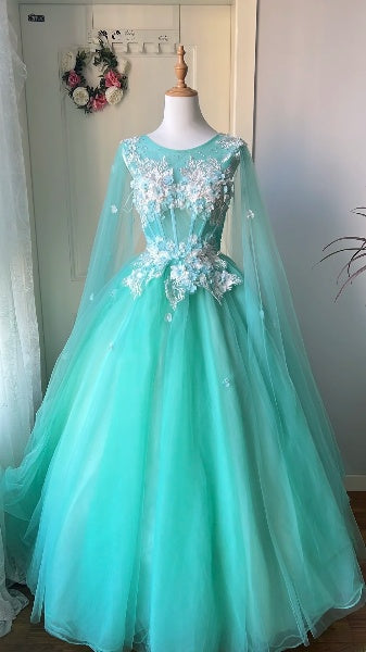 Sweet 15 Quinceanera Dress Ball Gown Scoop Blue With Appliques Long 16th Birthday Outfits RC0634