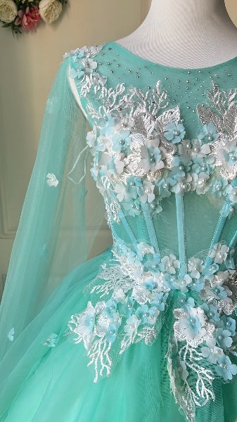 Sweet 15 Quinceanera Dress Ball Gown Scoop Blue With Appliques Long 16th Birthday Outfits RC0634