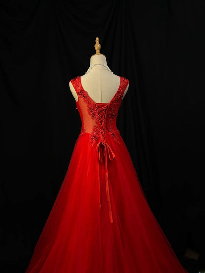 Modest Prom Dresses Ball Gown Scoop Red Tulle With Appliqued Night Evening Formal Outfits RB6158