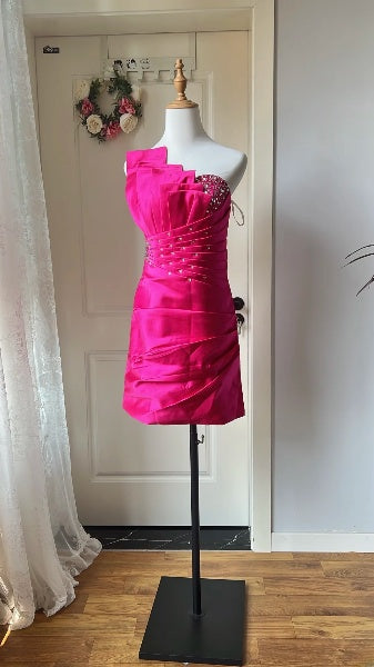 Hoco Dress Sheath Strapless Hot Pink Satin Short Homecoming 17th Birthday Party Dress RC0635