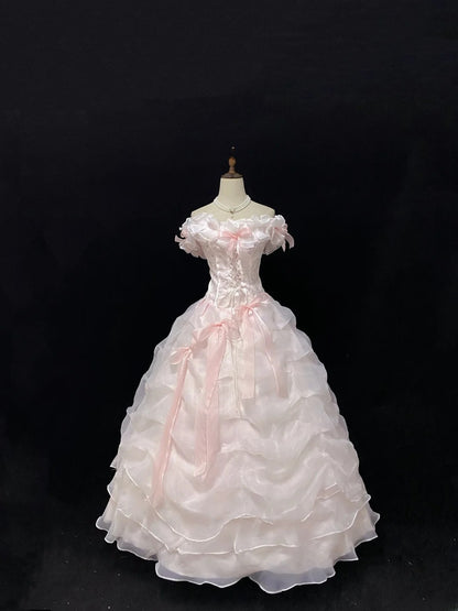 Fairytale Ball Gowns Off The Shoulder Pink Organza Poofy Long With Tiered Layers Quince Dress inspo Quinceanera Dresses Vestidos De 16 anos RB7750