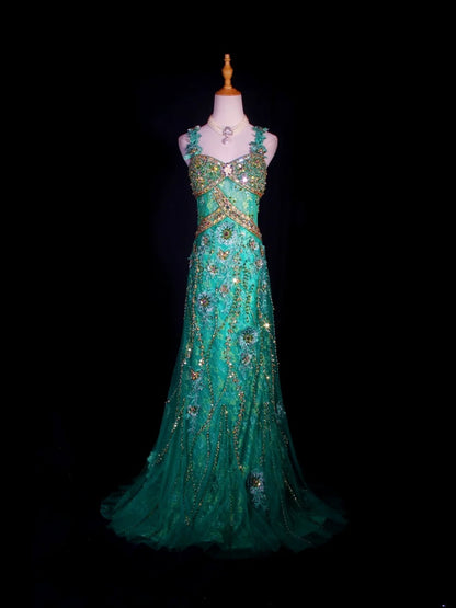Vintage A line 1950s Sweetheart Tulle Green With Beads Long Prom Dresses Inspo 20th Birthday Outfit Formal Gowns AS302