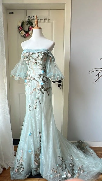Modest Prom Dresses Aesthetic 90s Retro Mermaid Tulle Blue Floor Length Evening Outfits RC0636