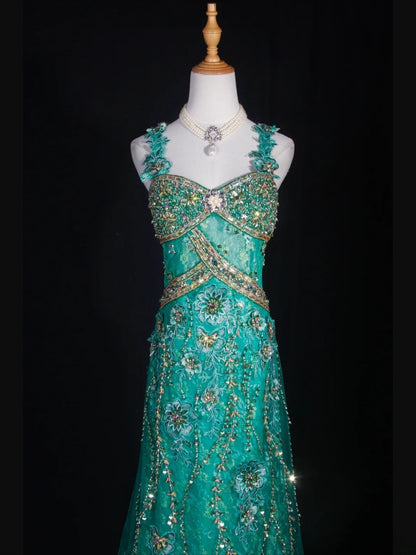 Vintage A line 1950s Sweetheart Tulle Green With Beads Long Prom Dresses Inspo 20th Birthday Outfit Formal Gowns AS302