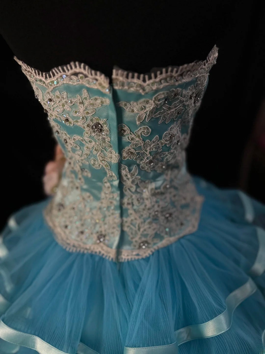 Pretty Ball Gown Strapless Blue Tulle With Flowers Fitted Zipper Back Long 15 Quinceanera Dresses Photo Ideas Formal Outfit RB6141