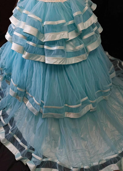 Pretty Ball Gown Strapless Blue Tulle With Flowers Fitted Zipper Back Long 15 Quinceanera Dresses Photo Ideas Formal Outfit RB6141
