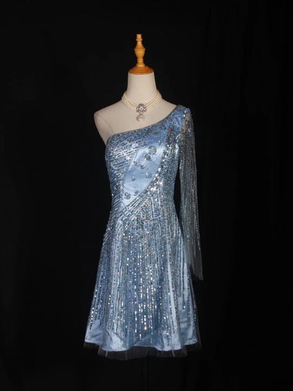 Retro 1950s A Line One Shoulder Light Sky Blue Satin Short 16th Birthday Dress Homecoming Dresses Cocktail Gown AS303