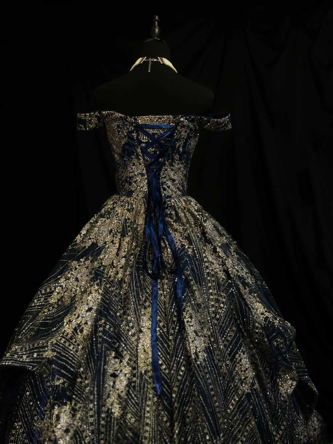 Pretty Ball Gown Off The Shoulder Navy Blue Satin Gold Sequin Fitted Corset Long 15 Quinceanera Dresses Photo Ideas Formal Outfit RB6143