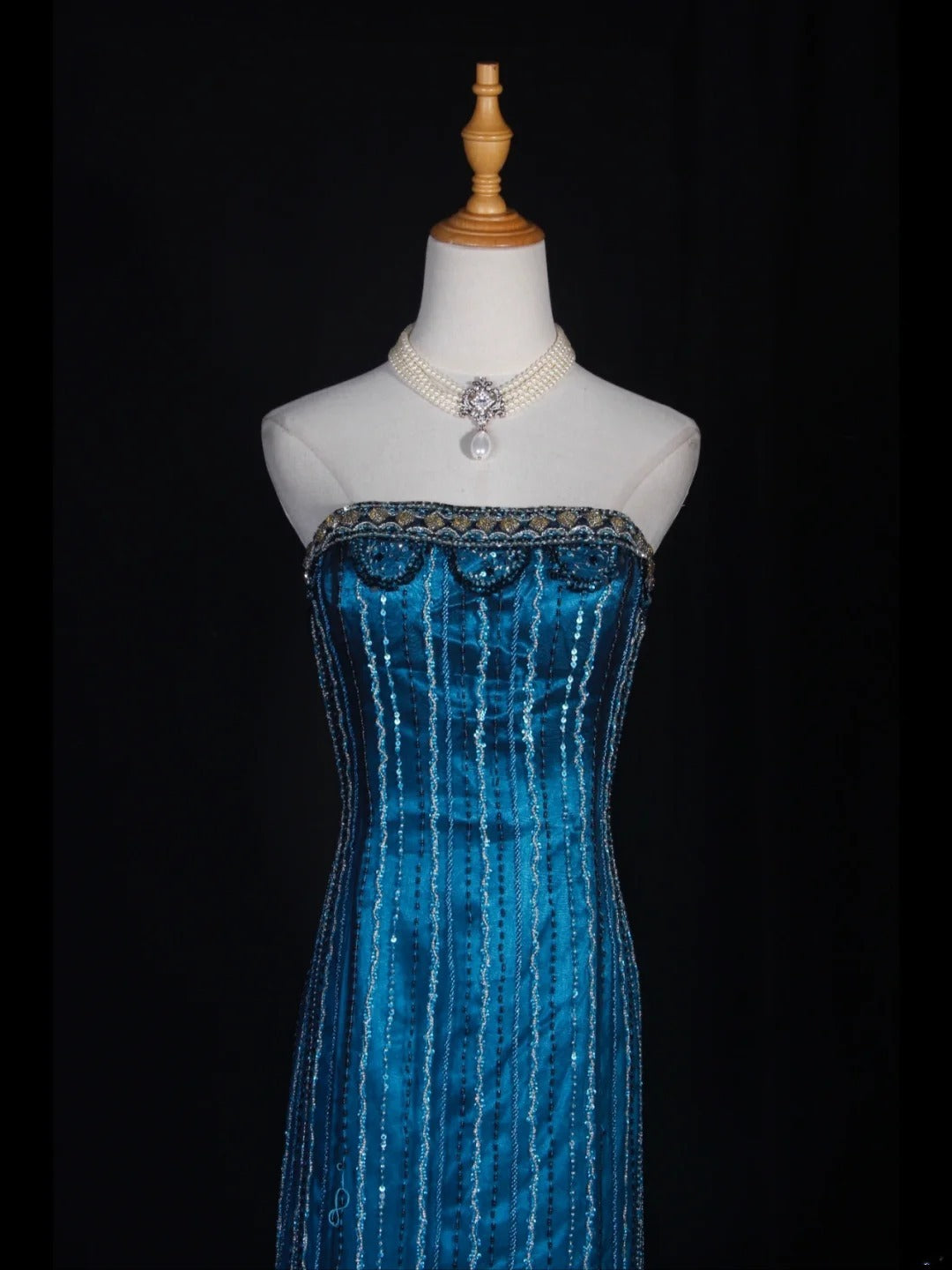 Retro 1950s Mermaid Strapless Blue Chiffon With Gem Beads Bodice Long Prom Dresses Inspo 22th Birthday Outfit Formal Gown AS305