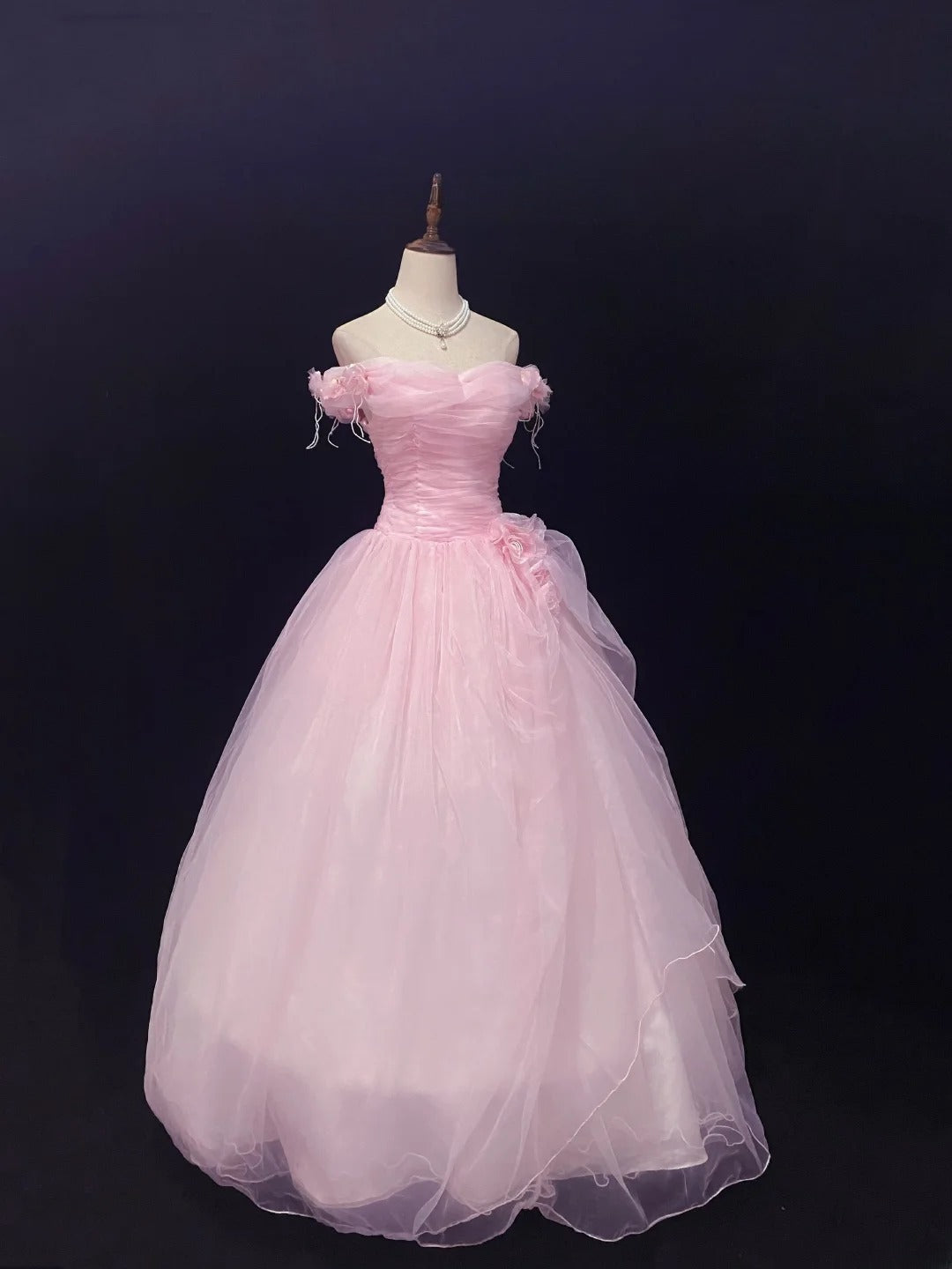 Fairytale Ball Gowns Off The Shoulder Pink Tulle Poofy Long With 3D Flowers Quince Dress inspo Quinceanera Dresses Vestidos De 16 anos RB7754