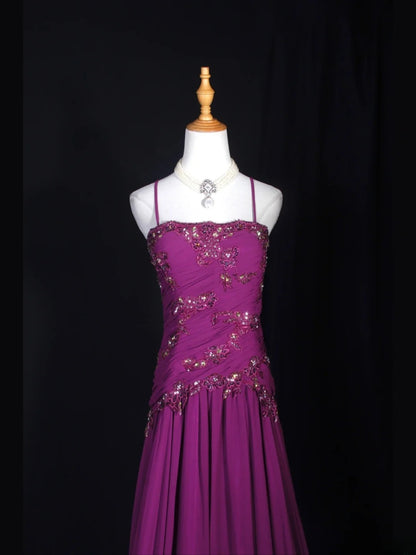 Vintage A line 70s Spaghetti Straps Grape Chiffon With Beads Long Prom Dresses Inspo 20th Birthday Outfit Formal Gowns AS306