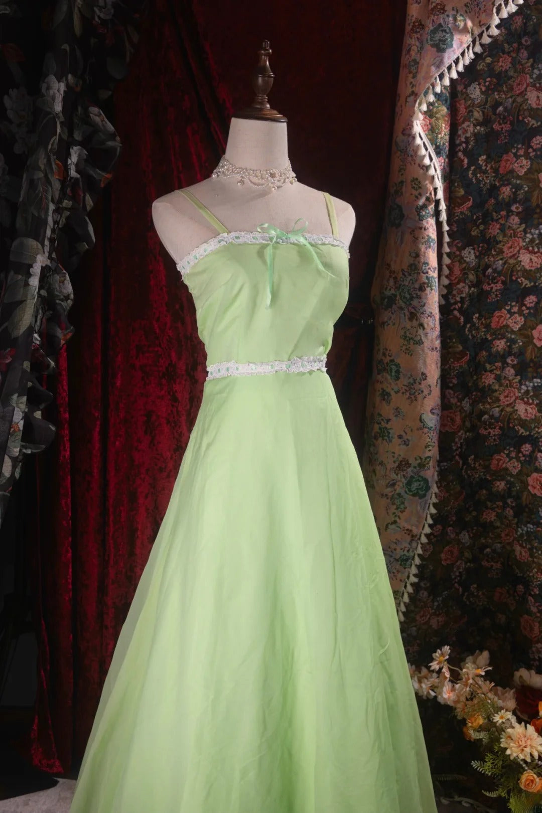 Vintage 1950s A line Spaghetti Straps Sage Green With Lace High School Dances Prom Dresses Formal Outfits Evening Gown RB8542