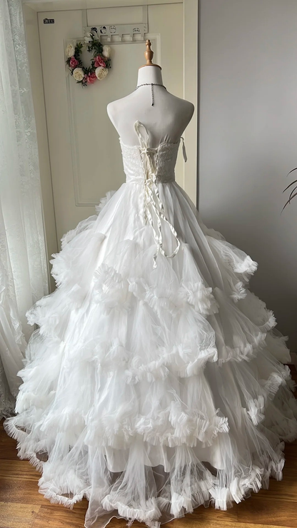 Sweet 15 Quinceanera Dress Ball Gown Strapless White Tulle With Tiered Layers Long 16th Birthday Outfits RC0639