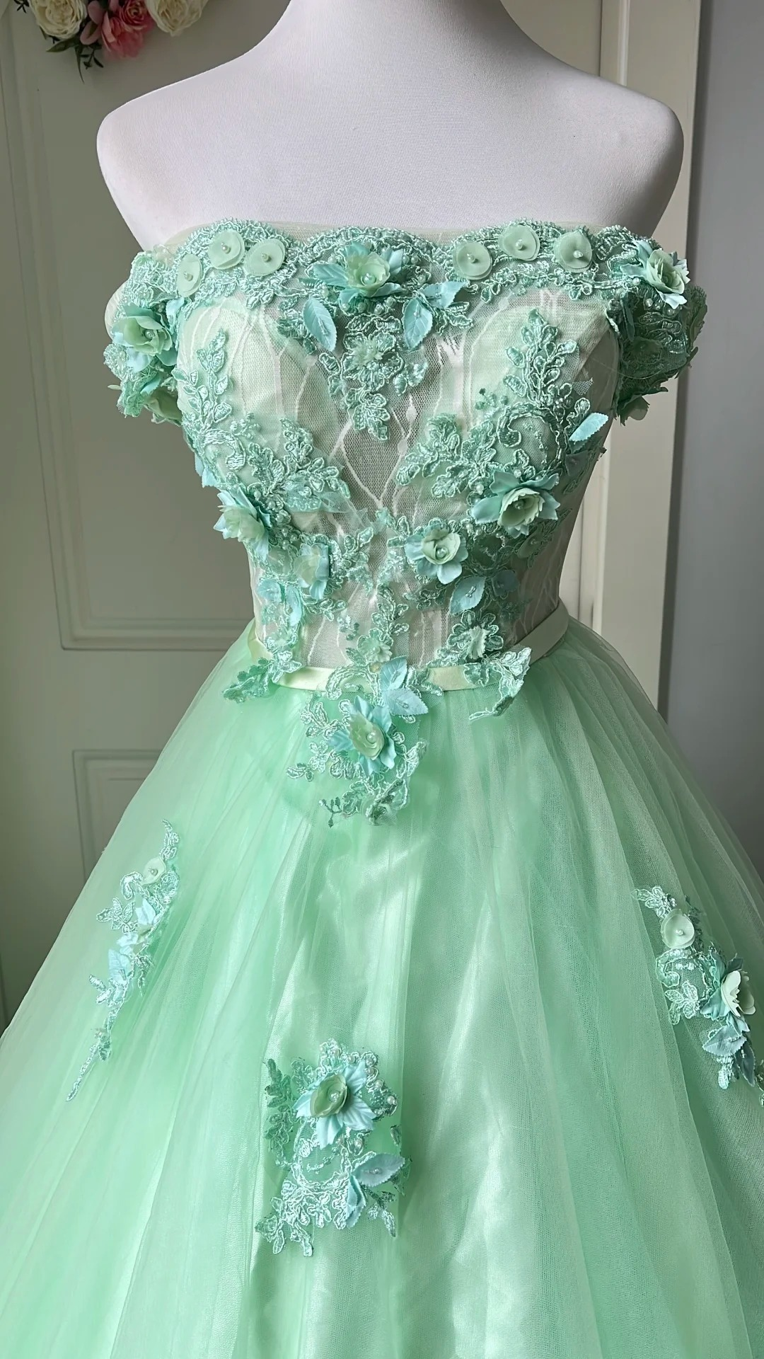 Sweet 15 Quinceanera Dress Ball Gown Off The Shoulder Mint Green Tulle With Appliques Long 16th Birthday Outfits RC0640