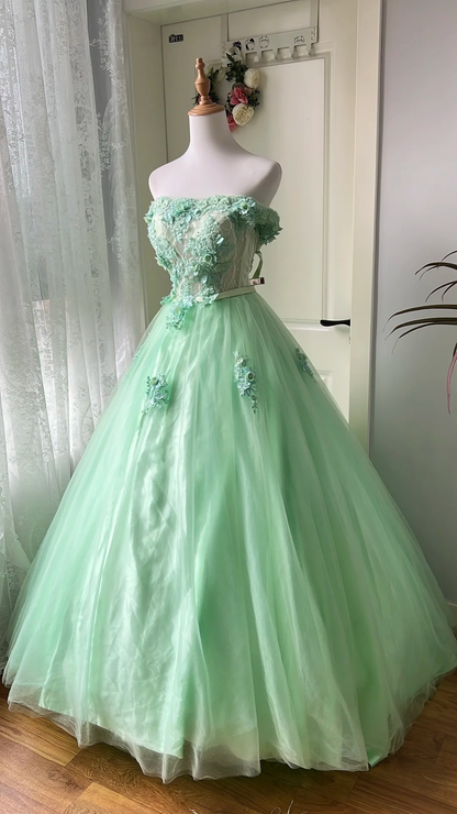 Sweet 15 Quinceanera Dress Ball Gown Off The Shoulder Mint Green Tulle With Appliques Long 16th Birthday Outfits RC0640