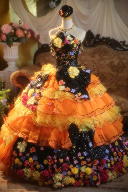 Ball Gown Strapless Yellow Orange With Tiered Ruffled Sweet 16 Dress Sweet Sixteen Princess Dress RB9360