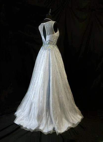 Vintage 80s Prom Dresses Ball Gown Jewel Neck Silver Tulle With Beading Party Gown Formal Outfits RB6148