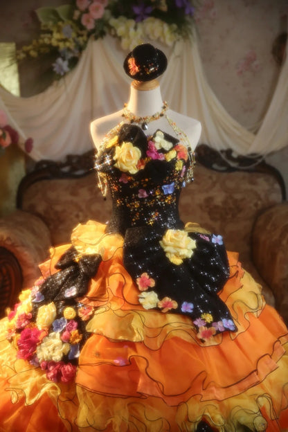 Ball Gown Strapless Yellow Orange With Tiered Ruffled Sweet 16 Dress Sweet Sixteen Princess Dress RB9360