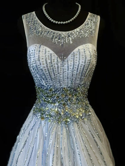 Vintage 80s Prom Dresses Ball Gown Jewel Neck Silver Tulle With Beading Party Gown Formal Outfits RB6148