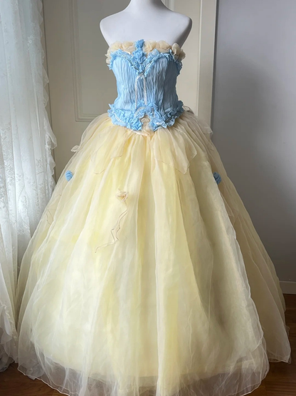 Cute Sweet 16 Dress Long Strapless Yellow With Flowers Ball Gown Sweet Sixteen Party Birthday Dresses RC0642