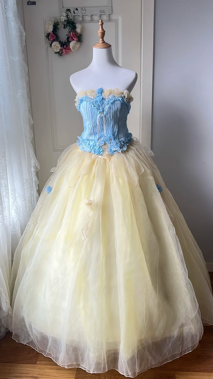 Cute Sweet 16 Dress Long Strapless Yellow With Flowers Ball Gown Sweet Sixteen Party Birthday Dresses RC0642