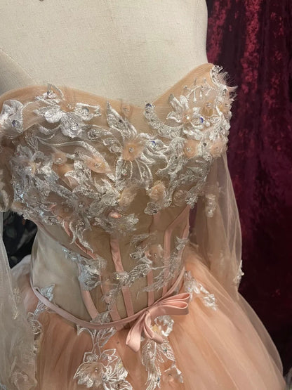 Regal Ball Gown Formal Events Off The Shoulder Blush Pink Lace With 3D Appliqued Quince Dress Long Quinceanera Dresses Birthday Outfits RB8545