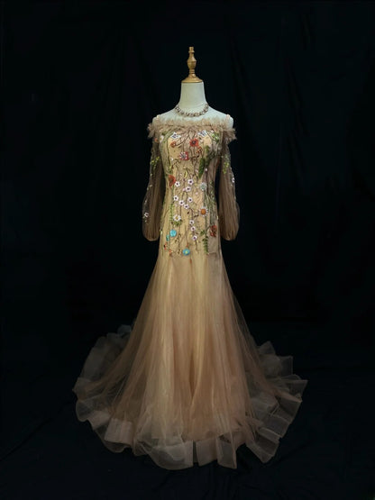 Modest Prom Dresses Mermaid Off The Shoulder Champagne Tulle With Long Sleeves Night Evening Formal Outfits RB6149