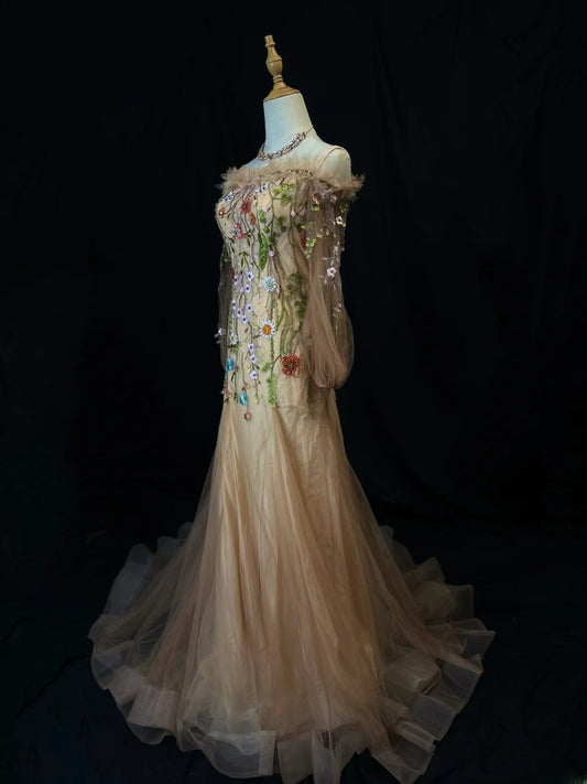 Modest Prom Dresses Mermaid Off The Shoulder Champagne Tulle With Long Sleeves Night Evening Formal Outfits RB6149