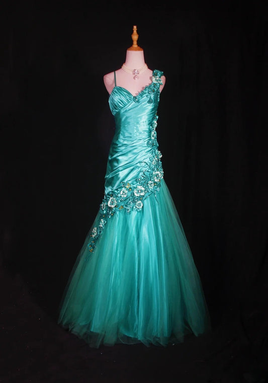 Vintage Mermaid 90s Spaghetti Straps Blue Satin Flowers With Beads Long Prom Dresses Inspo 20th Birthday Outfit Formal Gowns AS312