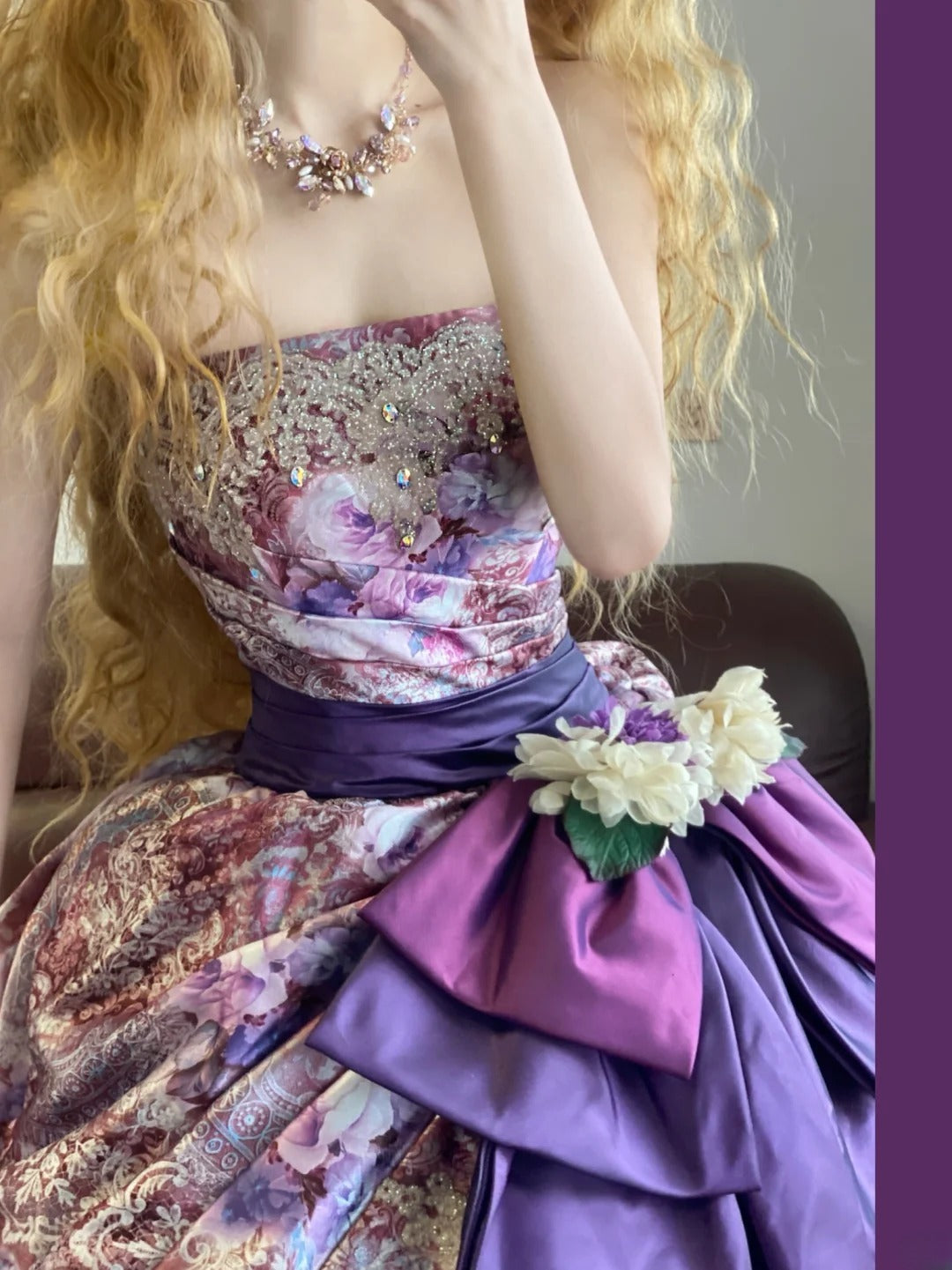 Ball Gown Strapless Purple Floral With Tiered Ruffled Sweet 16 Dress Sweet Sixteen Princess Dress RB9362