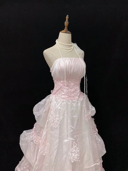 Sweet Ball Gowns Strapless Light Pink Tulle Poofy Long With Appliqued Sleeveless Quince Dress inspo Quinceanera Dresses Vestidos De 16 anos RB7761