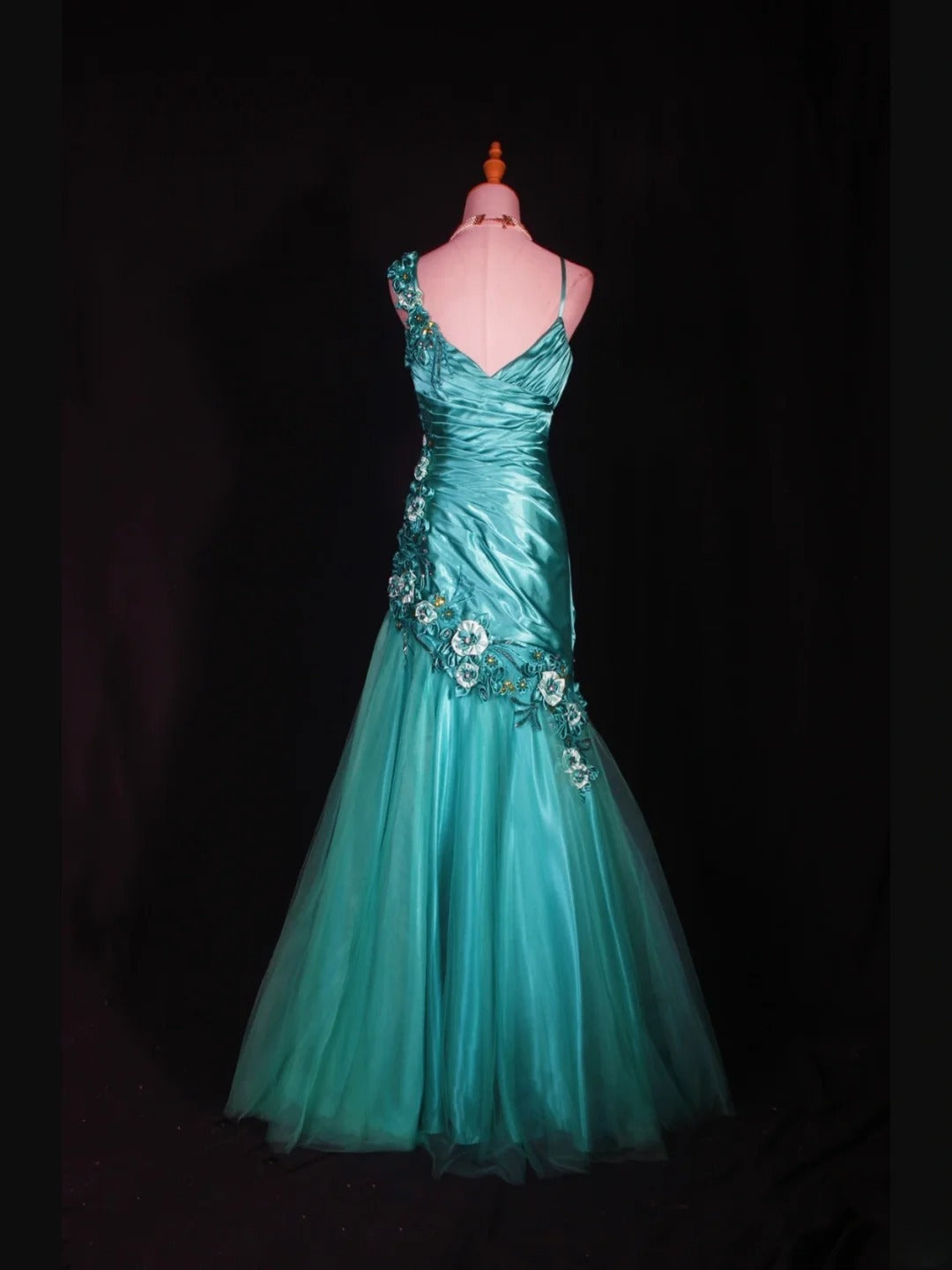 Vintage Mermaid 90s Spaghetti Straps Blue Satin Flowers With Beads Long Prom Dresses Inspo 20th Birthday Outfit Formal Gowns AS312