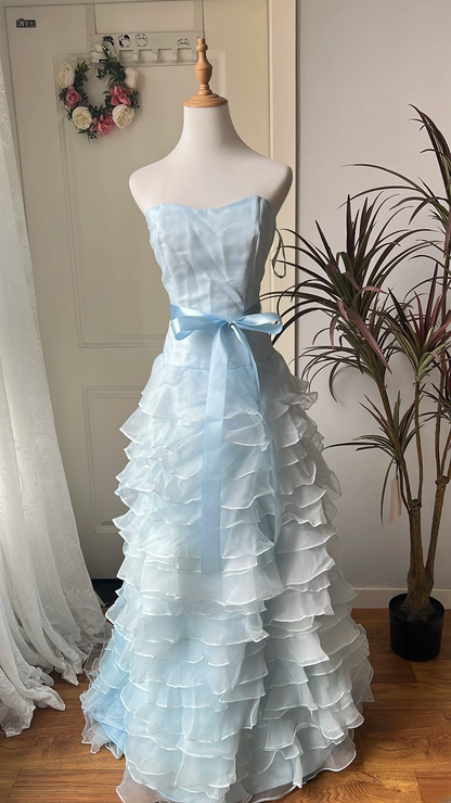 Modest Prom Dresses Aesthetic 90s Retro A line Strapless Light Blue Floor Length Evening Outfits RC0643