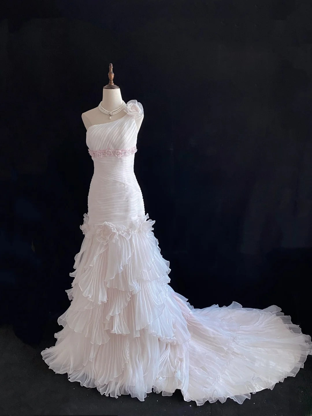 Modest Mermaid One Shoulder Pink With Tiered Layers Long Prom Dresses Formal Outfits Evening Night Dress RB7763
