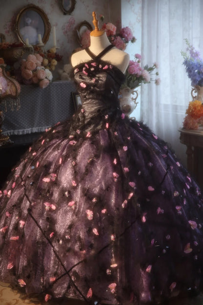 Ball Gown Halter Tulle With Floral Black Sweet 16 Dress Sweet Sixteen Princess Dress RB9363