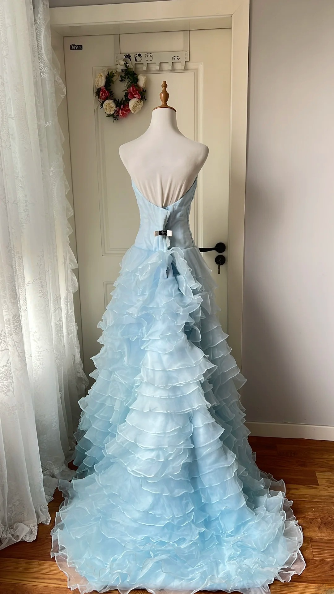 Modest Prom Dresses Aesthetic 90s Retro A line Strapless Light Blue Floor Length Evening Outfits RC0643