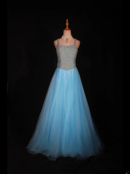Vintage A line 90s Spaghetti Straps Blue Tulle With Pearls Beads Long Prom Dresses Inspo 20th Birthday Outfit Formal Gowns AS314