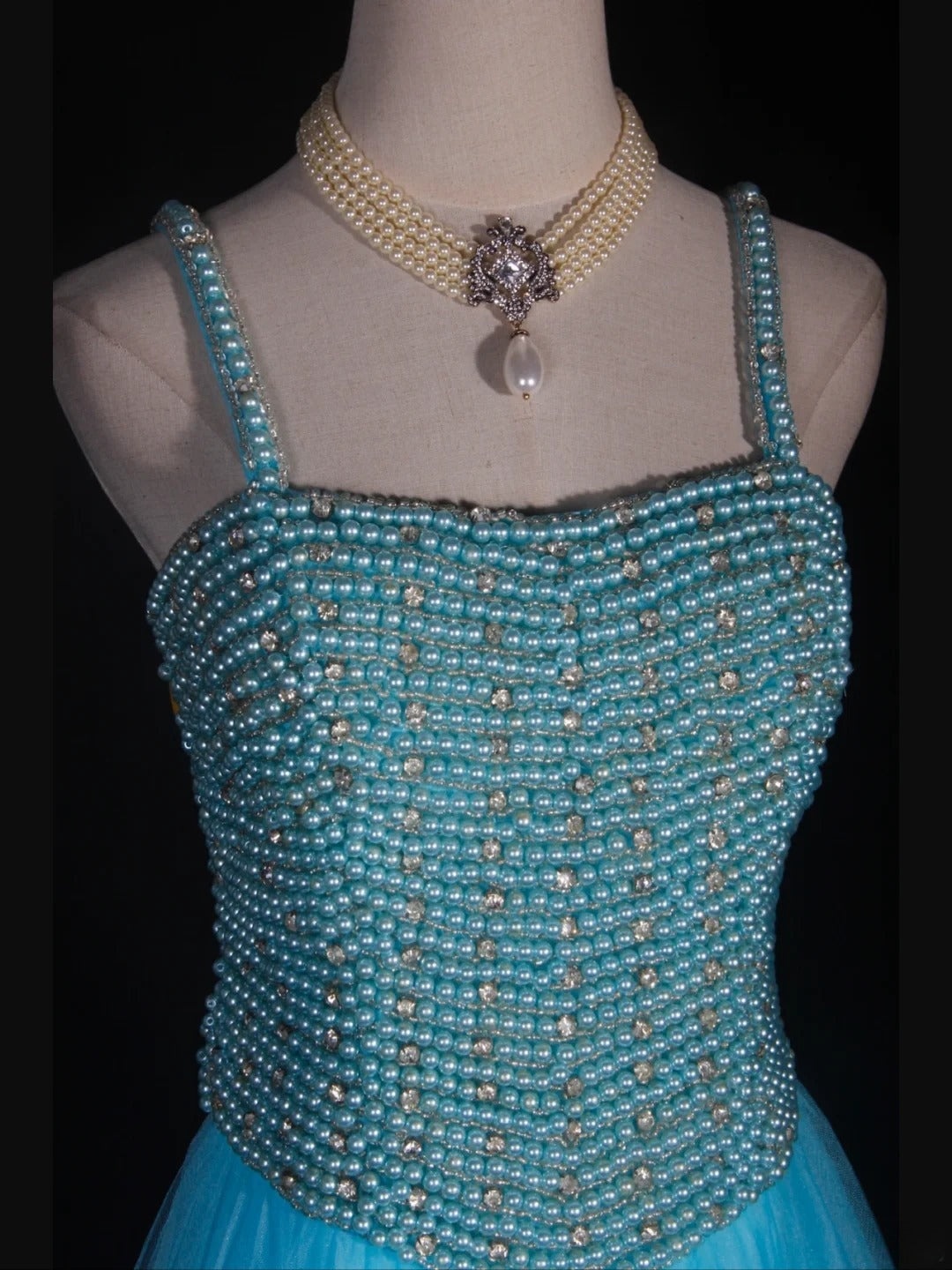 Vintage A line 90s Spaghetti Straps Blue Tulle With Pearls Beads Long Prom Dresses Inspo 20th Birthday Outfit Formal Gowns AS314