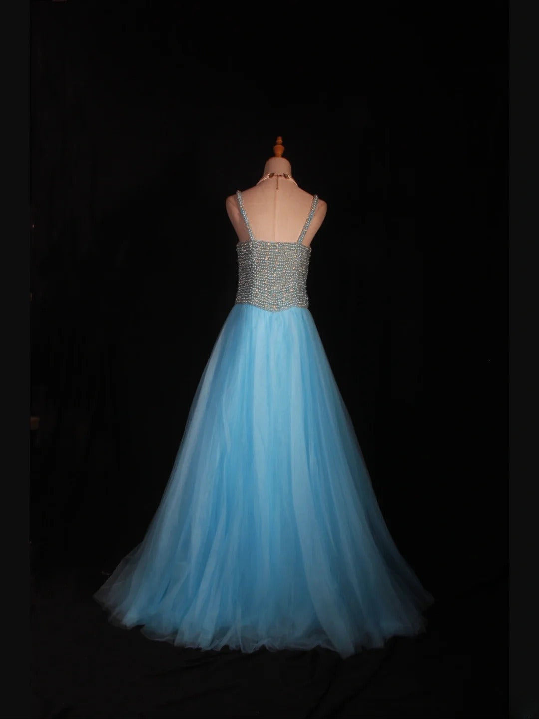 Vintage A line 90s Spaghetti Straps Blue Tulle With Pearls Beads Long Prom Dresses Inspo 20th Birthday Outfit Formal Gowns AS314