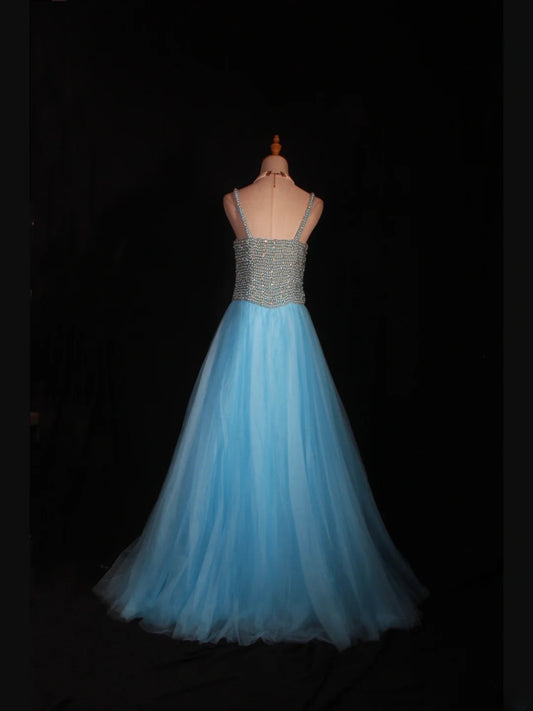 Vintage A line 90s Spaghetti Straps Blue Tulle With Pearls Beads Long Prom Dresses Inspo 20th Birthday Outfit Formal Gowns AS314