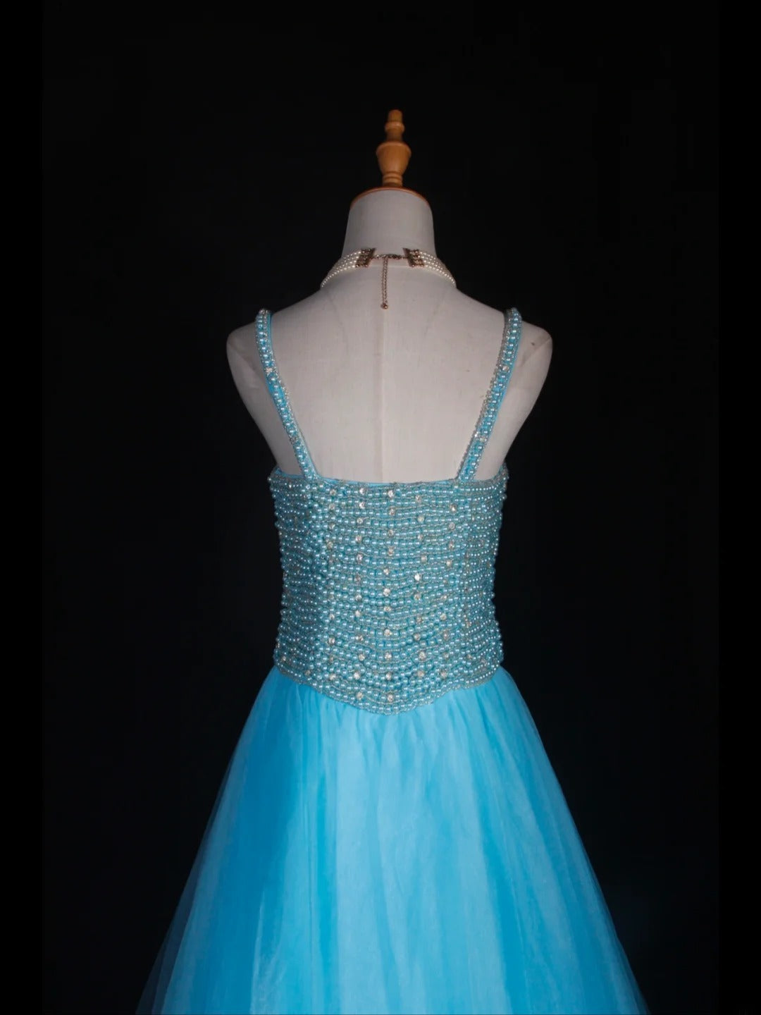 Vintage A line 90s Spaghetti Straps Blue Tulle With Pearls Beads Long Prom Dresses Inspo 20th Birthday Outfit Formal Gowns AS314