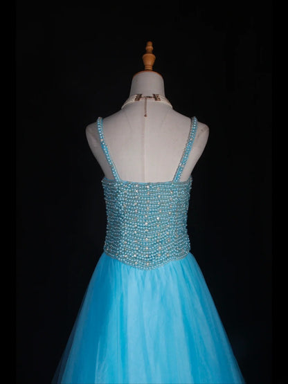 Vintage A line 90s Spaghetti Straps Blue Tulle With Pearls Beads Long Prom Dresses Inspo 20th Birthday Outfit Formal Gowns AS314